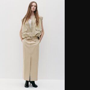 ZARA ZW COLLECTION WOMEN BEIGE STRAIGHT-CUT GABARDINE LONG SKIRT SIZE S NWOT
